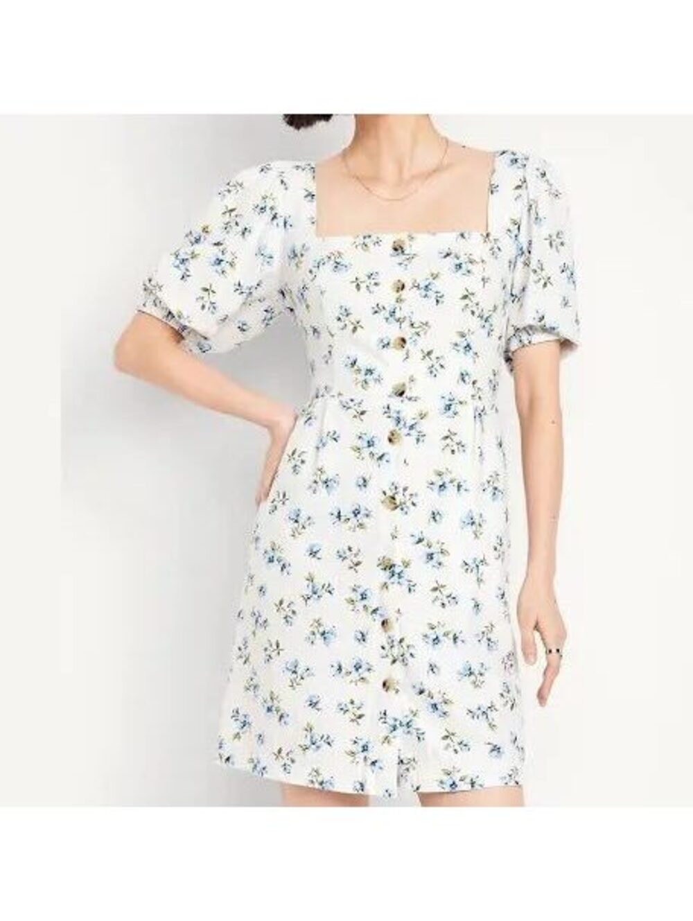 Old Navy Floral Puff-Sleeve Linen-Blend Button-Front Mini Dress - Size L